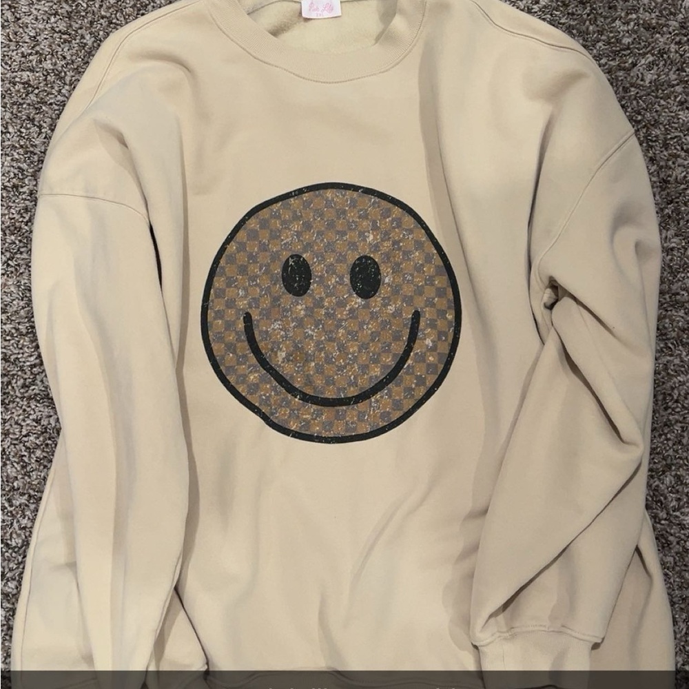 Pink Lily Cream Crewneck Sweater with Smiley Face